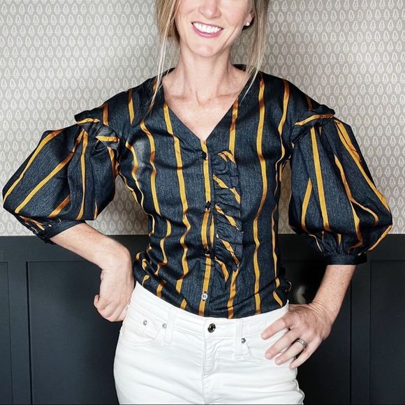 Exaggerated Ruffle Striped Cotton Top - Picture 1 of 10